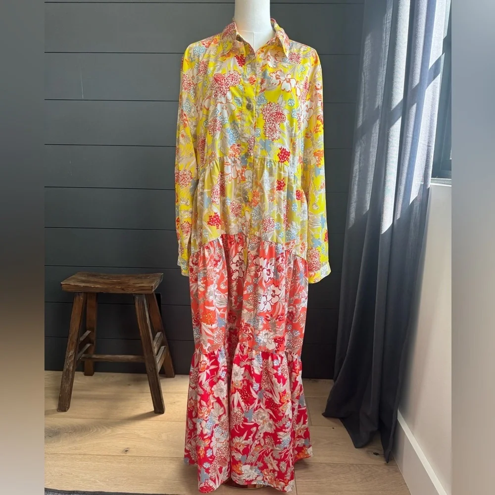 French Connection Yellow and Red Tiered Flowy Boho Floral Long Sleeve Maxi Dress - Picture 2 of 11